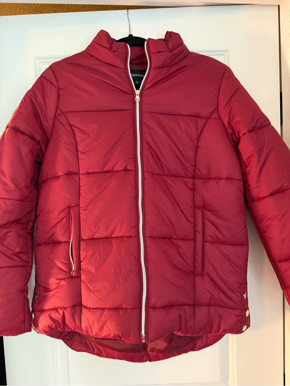 Zenana Crimson Quilted Puffer Jacket with silver Zip